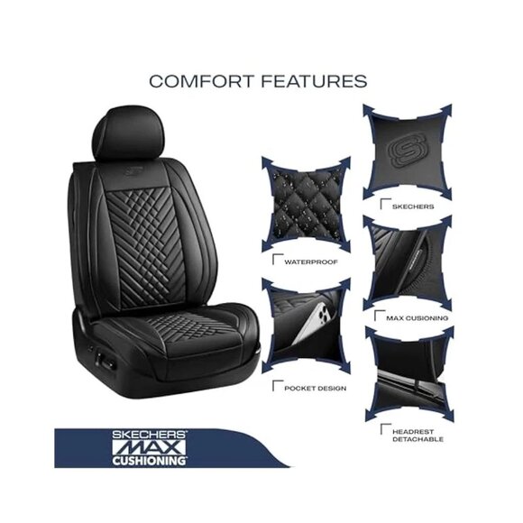 Skechers Memory Foam Car Seat Covers Universal Front Seats, Waterproof, Black - Picture 2 of 5